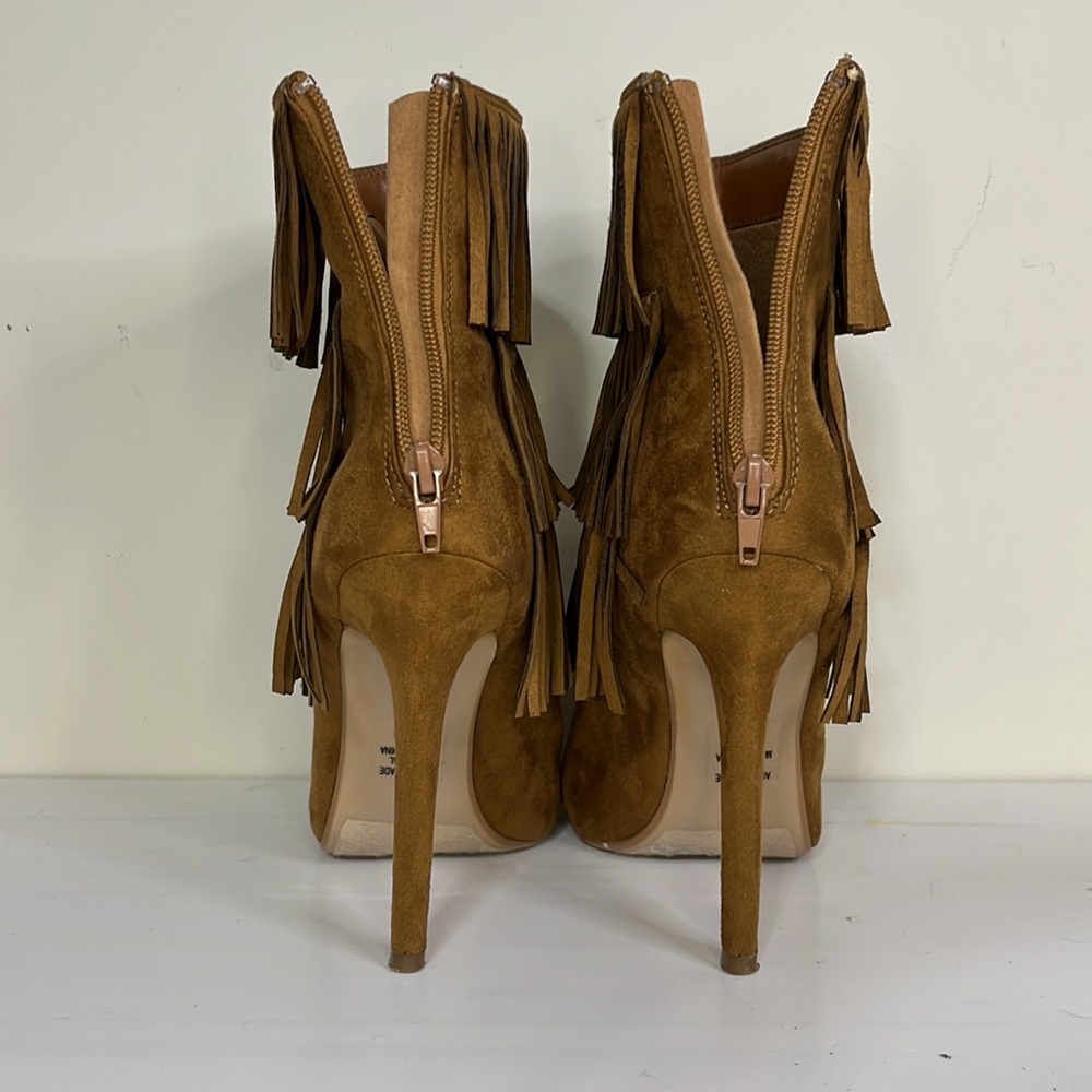 Heart in D Brown Fringe Peep Toe High Heeled Stiletto Bootie Size 8.5 - Picture 5 of 8